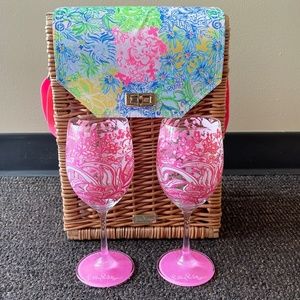 NWT Lilly Pulitzer Picnic Basket and Wine Glasses